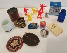 Grandmas Junk Drawer Misc Madame Alexander 1999 wood cuss bank milk glass barrel