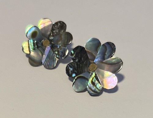 Abalone Shell Earrings Small Flower Petal Leaf Sea Life Beach Stud Silver 3/4” - Picture 2 of 9