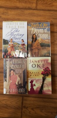 4 Janette Oke books-Roses for Mama, Meeting Place, Too Long Stranger, Drums