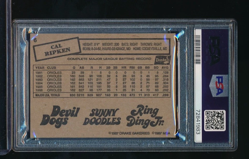 1987 Drake's Big Hitters Super Pitchers Cal Ripken Jr #6 PSA 7 tough grade - Image 2 of 2