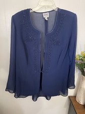RM Richards Womens Blouse 16W Blue Sheer Beaded Jacket Elegant Mother Of Bride