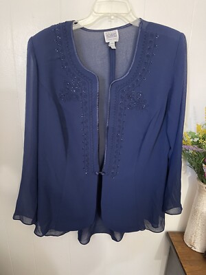 RM Richards Womens Blouse 16W Blue Sheer Beaded Jacket Elegant Mother Of Bride