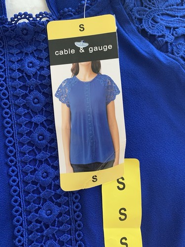 Cable & Gauge Ladies' Lace Trim Short Sleeve Top Blue Size Small NWT