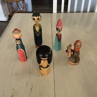 Lot 5 Vintage Kokeshi, Spindle, Wooden Dolls Hand painted Japan, Russia, Egypt