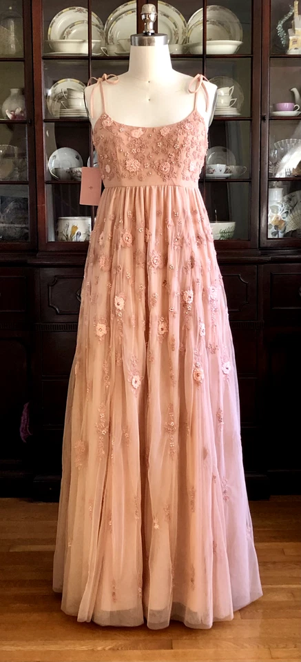 Maxi Vestido BHLDN Anthropologie Lacie Melocotón Tul Bordado Cuentas Baile de graduación Foto 4 de 4