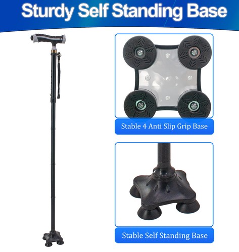 Walking Stick Cane LED Light Quad Pivoting Base Adjustable Folding Mobility Aid - Picture 6 of 8