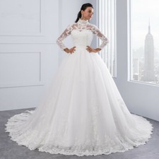 White/Ivory Appliques Tulle A Line Wedding Dress Long Sleeve Zipper Bridal Gown