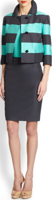 NWT AKRIS PUNTO STRIPED NAVY POOL 2 PIECE SUIT JACKET BLAZER STRAIGHT SKIRT 14