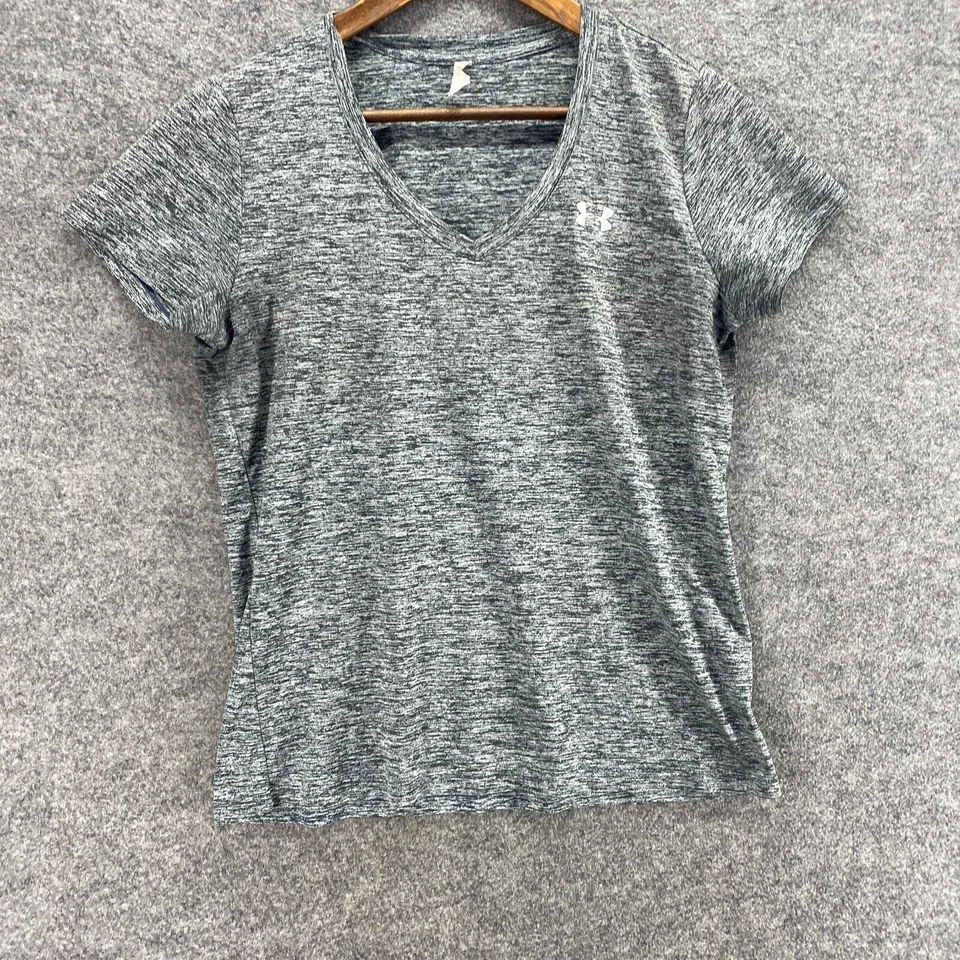 Camiseta Under Armour Mujer M Gris Medio Cuello en V Manga Corta Equipo de Calor Suelta Foto 4 de 4