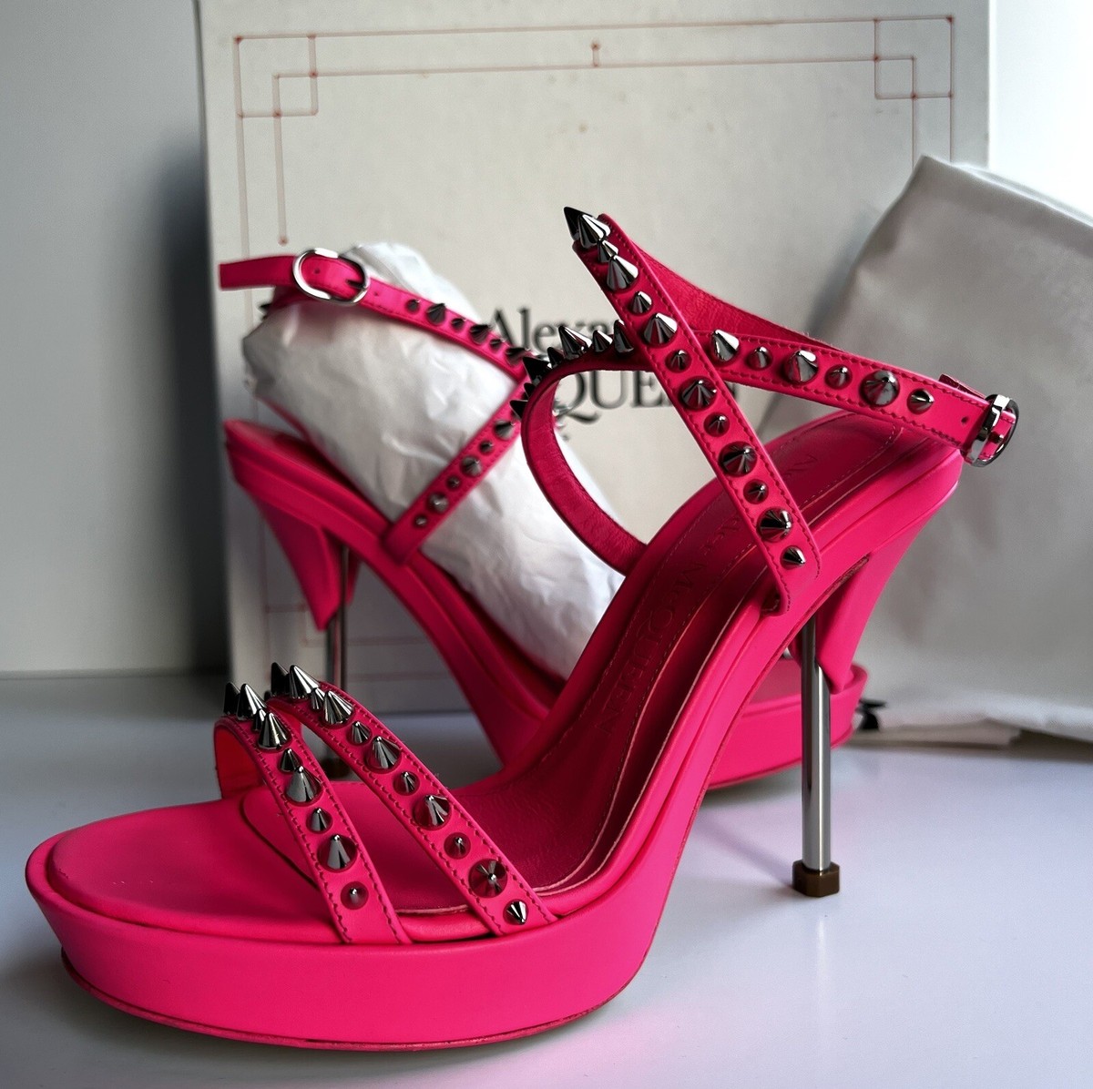 ALEXANDER MCQUEEN Punk Stud Leather Platform Sandals Neon