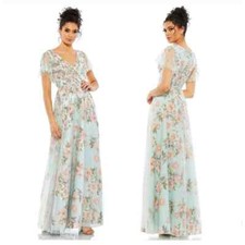 Mac Duggal Floral Flutter Sleeve V- Neck Maxi Dress Multicolor Size 8 NWT