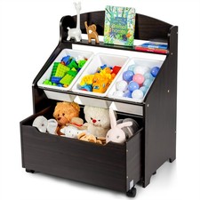 Kids Wooden Toy Storage Unit Organizer w/Rolling Toy Box  Plastic Bins Espresso