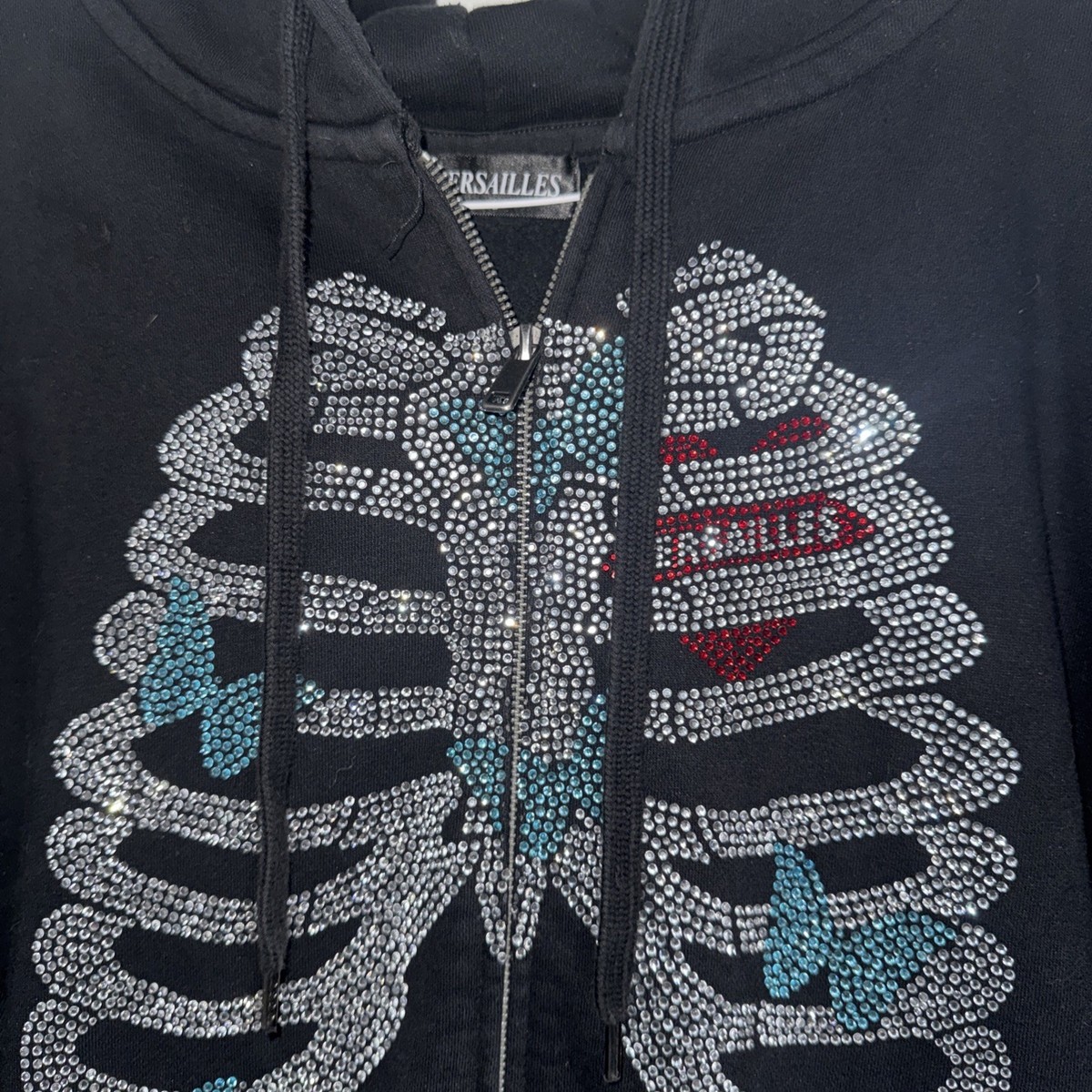 VERSAILLES Rhinestone Skeleton Zip Up Hoodie Black Hearts Graphic