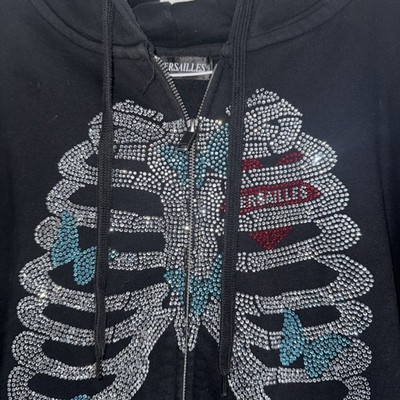 VERSAILLES Rhinestone Skeleton Zip Up Hoodie Black Hearts Graphic