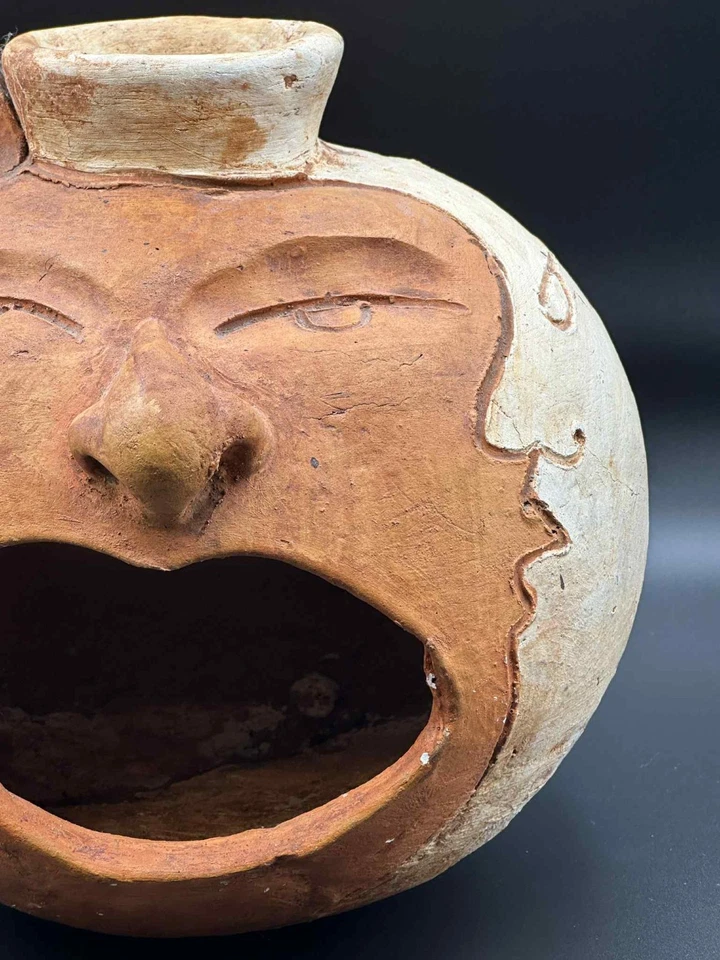 Hecho a mano cara de terracota sol, luna, máscara recipiente 11,5" arte popular escultura de arcilla Foto 3 de 4