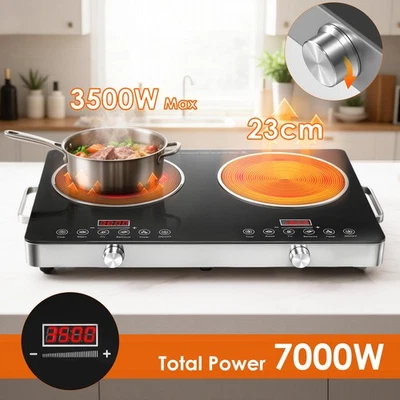 DENOTIP Kochplatte Doppel Glaskeramik Infrarot Herdplatte Kochfeld 3500W+3500W Griffen