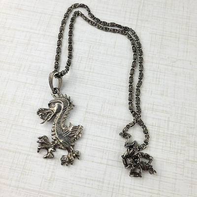 Vintage Silver Tone Dragon Pendant Necklace 24''