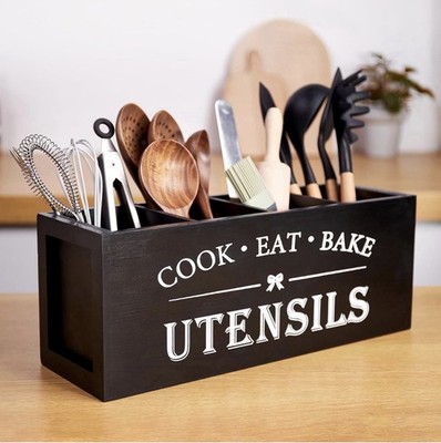 Utensil holder for Kitchen Counter Large Round Utensils Holder with Wooden Base 