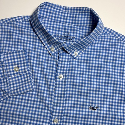 Vineyard Vines Performance Button Down Shirt Boys XL 18 Blue Gingham Check Whale