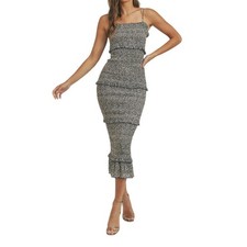 Mable Womens Smocked Long Ruffle Sleeveless Dress Blue Midi Size Medium