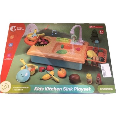 Cute Stone Play Kitchen Sink Toy with Real Faucet Stove and Play Food Set