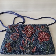 Vintage Beaded Purse Blue Red Floral Zipper Q A Handbag Clutch Glass Seed Beads