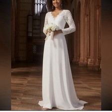 White Lace Long Sleeve Modest V Neck Bridal Wedding Boho A Line  Dress 6 NWT