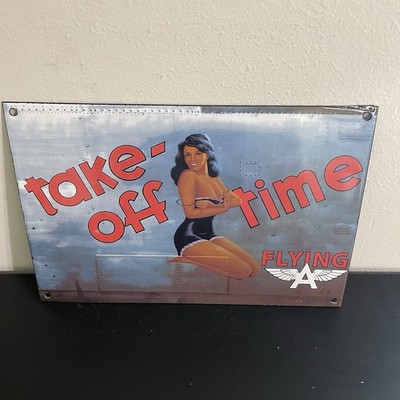 VINTAGE FLYING A TAKE OFF TIME GASOLINE MOTOR OIL PORCELAIN SIGN