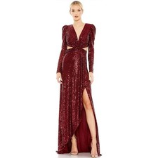 Mac Duggal Gown Women Burgundy Sequin Cut-Out Slit Formal Dress 20241