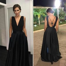 Elegant Black V Neck Prom Dresses Backless Satin Evening Gown Ruched Bridesmaid