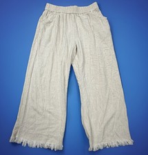 Womens M Umgee Linen Cotton Fringe Hem Pants Elastic Waist Boho Wide Leg Ankle