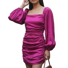 Glam Satin Ruched Mini Dress Pink Fuchsia Puff Long Sleeve Square Neck Size M