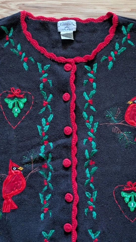 Suéter Cardenal Tejido Navidad De Colección Para Mujer 3X Negro Acebo Vacaciones Cottagecor Foto 4 de 4