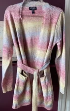 Cardigan  Fringe Pockets Open Front Tie Belt Size Large Attitudes By Renee NWT 