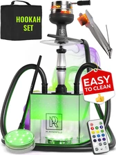 Black Hookah Set with Everything – Hookah Set 2 Hose with LED Base, Easy Setup,