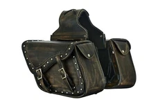 Motorbike Leather Saddlebag Distressed Brown Concealed Studs Motorcycle Luggage
