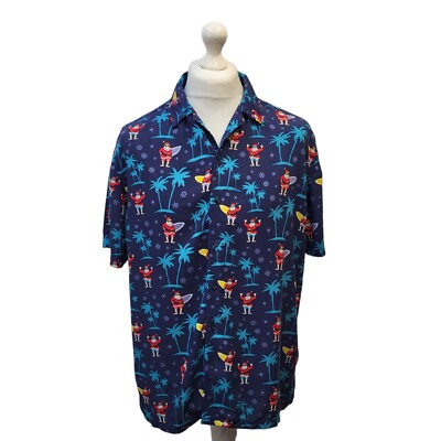Primark blau rot Santa Motiv Print Kurzarm Hawaii Print Hemd UK Herren XL