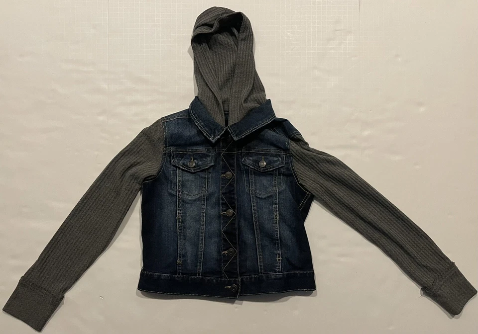 MUDD Niñas Talla 14 Azul Gris Denim Jean Chaqueta Abrigo Abotonado con Capucha Foto 2 de 4