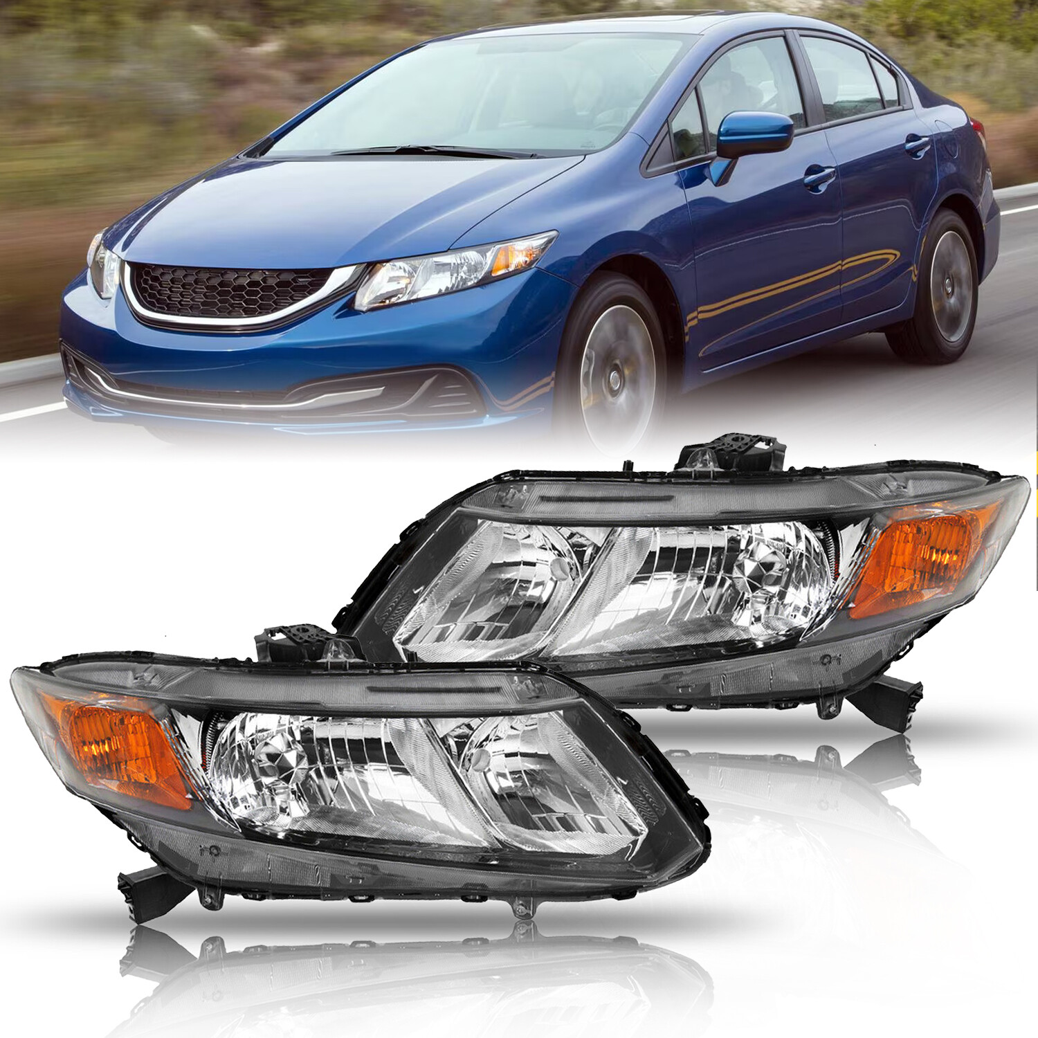 Black Headlights For 2012-15 Honda Civic 4-Door Sedan 4Dr 2013 2012 2014 2015