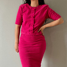 vtg 80s hot pink knit two piece fitted skirt set short sleeve top retro small