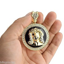 Jesus Medallion Pendant Gold Tone Black 48 mm Iced Simulated CZ Round Medal