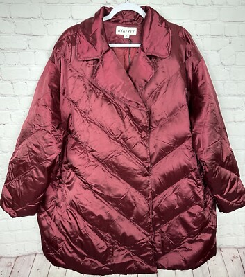Ava & Viv Plus Size Satin Quilted Puffer Jacket Coat Berry Red Sz 1X NWT $55