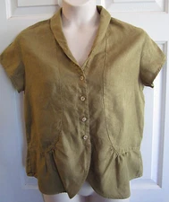 KLEEN Olive Green Ramie Short Sleeve Ruffle Gather Button Front Top Womens MED