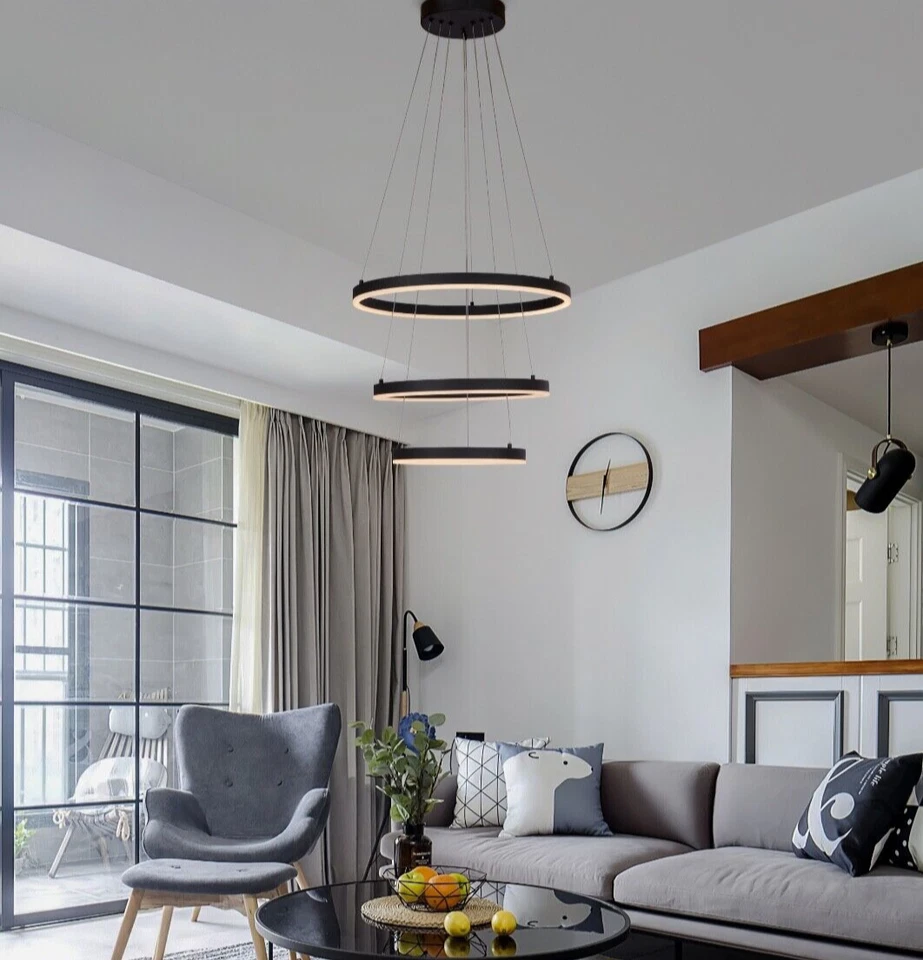 Modern LED 3 Ring Chandelier Dimmable Black Ceiling Pendant Light Adjustable ETL - Image 2 of 4