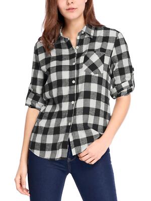 Allegra K Woman Roll Up Sleeves Buttoned Boyfriend Plaids
