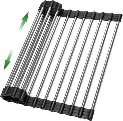 Expandable Roll Up Dish Drying Rack Over The Large, Black+silver