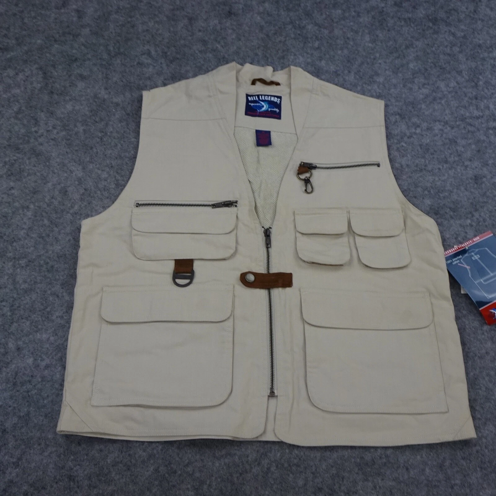 Reel Legends Vest Mens Medium Fishing Sportsman Beige Khaki Pockets Sleeveless