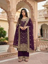 New Faux Georgette Wine Kurta Palazzo With Dupatta For Function Party Wear