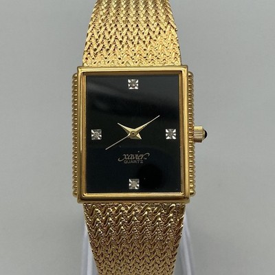 Xavier Men Watch 25mm Black Dial Gold Tone Mesh Bracelet Box New Battery