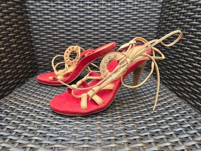 (M125 A09) 👡 Sandales à Talons SAN MARINA – Rouge & Beige Lacets cheville T.37 - Photo 1/4